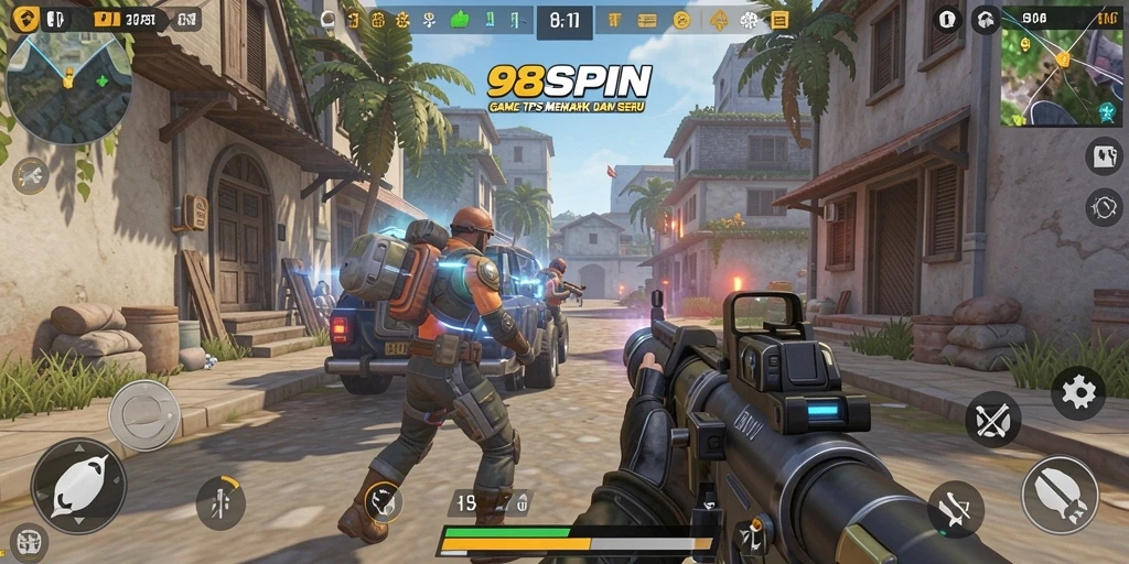 Screenshot utama 98SPIN menampilkan aksi seru gameplay TPS.