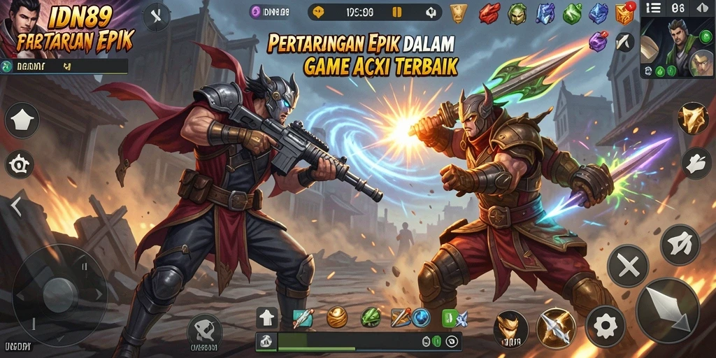 Screenshot utama IDN89 menampilkan aksi pertarungan seru dan karakter berwarna.