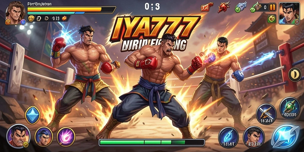 Screenshot utama IYA777 menunjukkan karakter bertarung dalam arena yang mendebarkan.