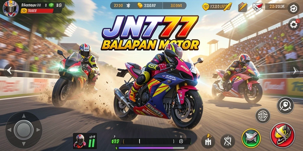 Screenshot menampilkan gameplay balapan motor yang seru di JNT777.