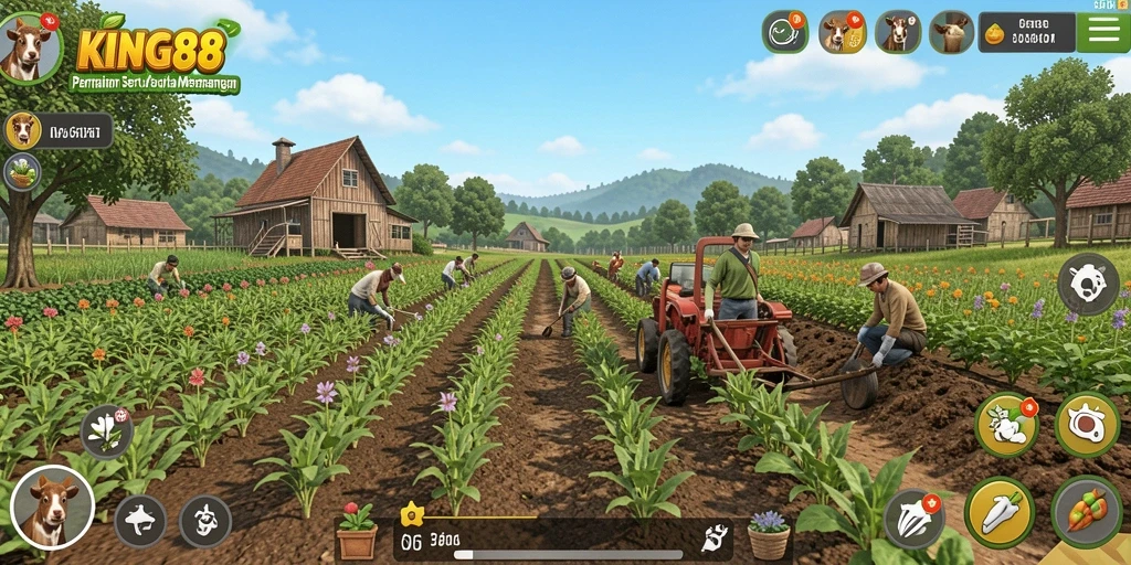 Tampilan gameplay KING88 dengan ladang hijau dan aktivitas bertani.