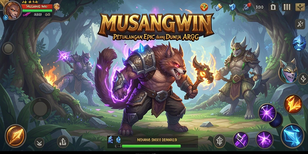 Screenshot gameplay MUSANGWIN menampilkan pertempuran intens dan karakter beragam.