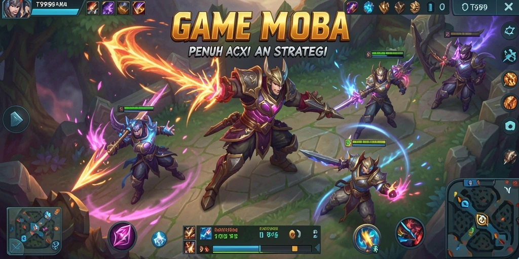 Tampilan seru gameplay MOBA di T9999 menunjukkan pertarungan tim.